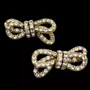 J. Crew Earrings Pierced Bows Ribbons Brass Rhinestones 1-1/8" wide